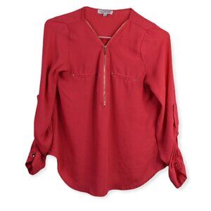 Active USA Blouse M Womens Zip Front Long Sleeve Pink Polyester Roll Tab Top